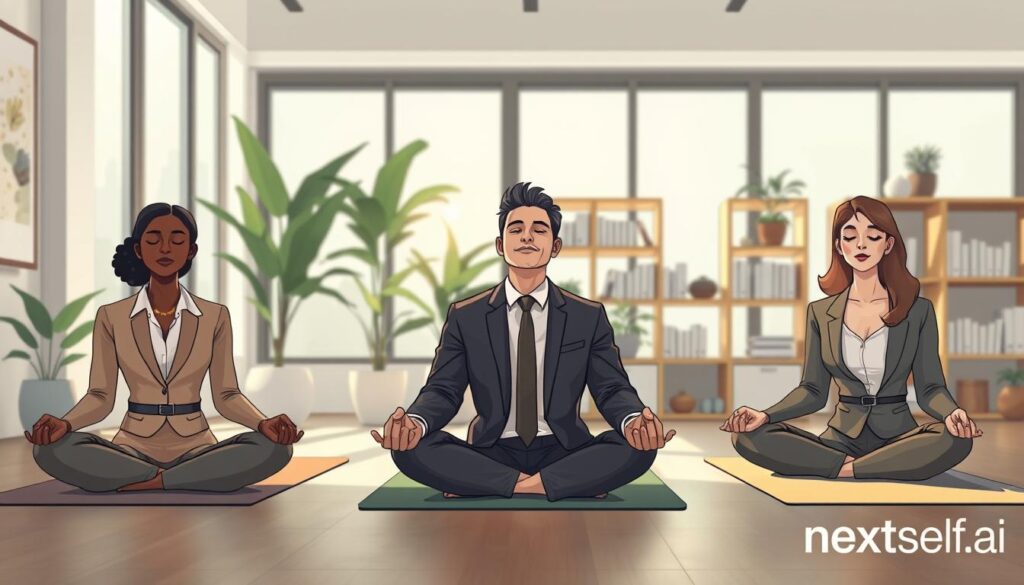 A diverse group practising meditation in a calm, naturally lit room