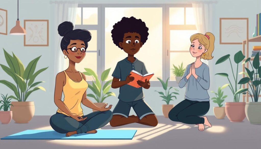 A sunlit workspace where people journal, meditate, and breathe slowly